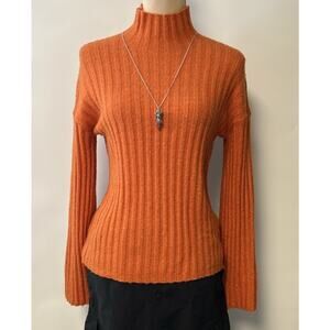 Ribbed Mock Neck Sweater Fuzzy Knit Y2K XS Bell Slit Sleeve Orange Boho Hippie